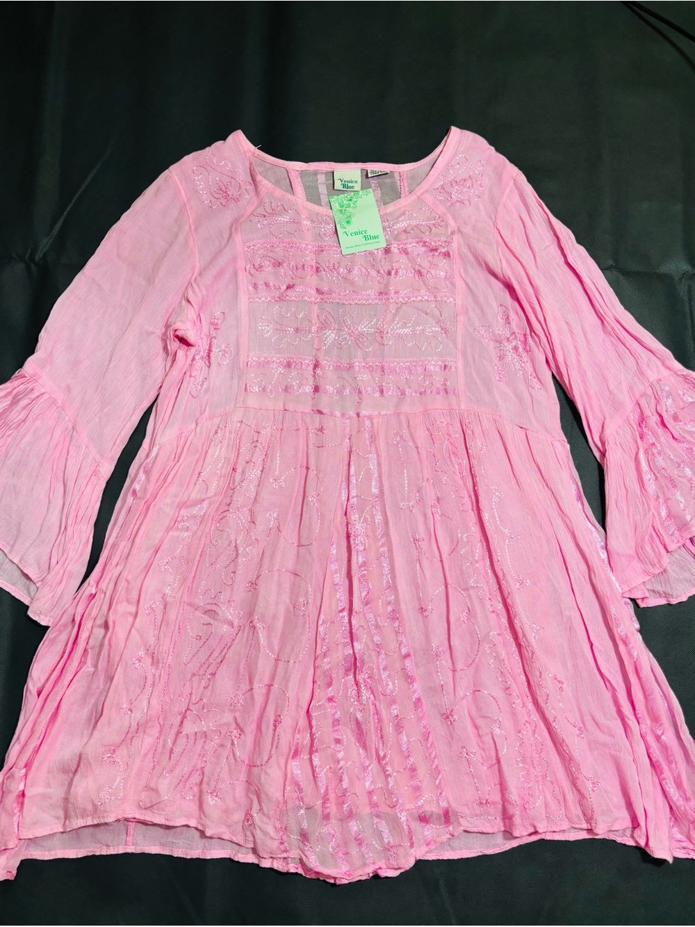 Venice Blue Baby Pink Embroidered Flowy Sheer Mini Dress Quarter Sleeve NWT FS